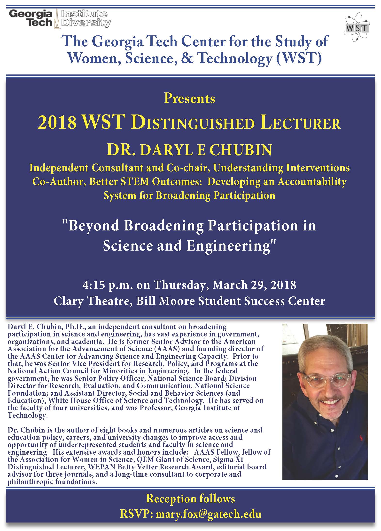 The 2018 WST Disntinguished Lecture will take place March 29th in the Clary Theater in the Bill Moore Student Success Center